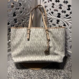 Michael Kors Cream Logo Canvas Tote with Tan Trim